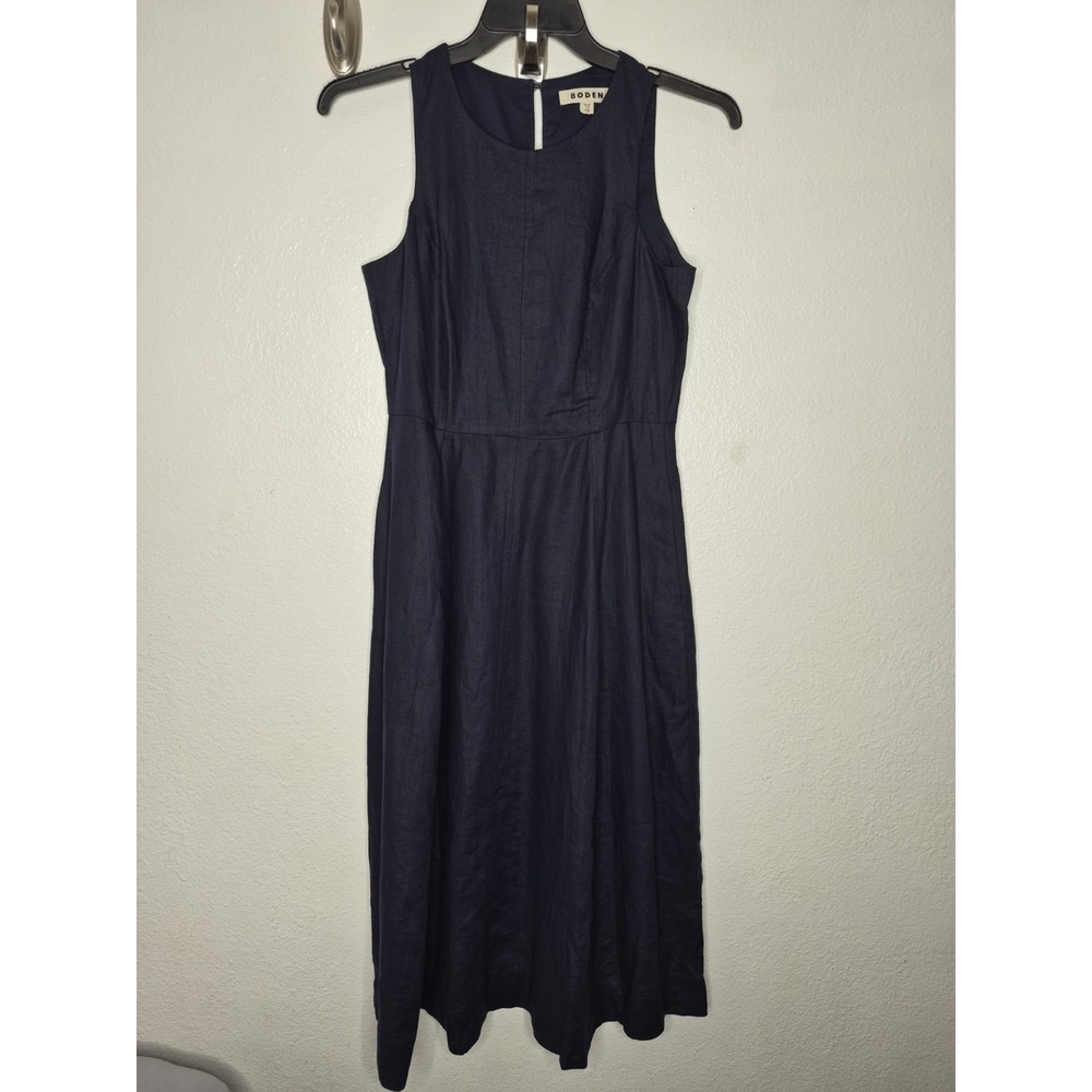 Boden Linen Midi Dress Womens Size 6R Navy Blue Short Sleeve Pocket 17x47.5